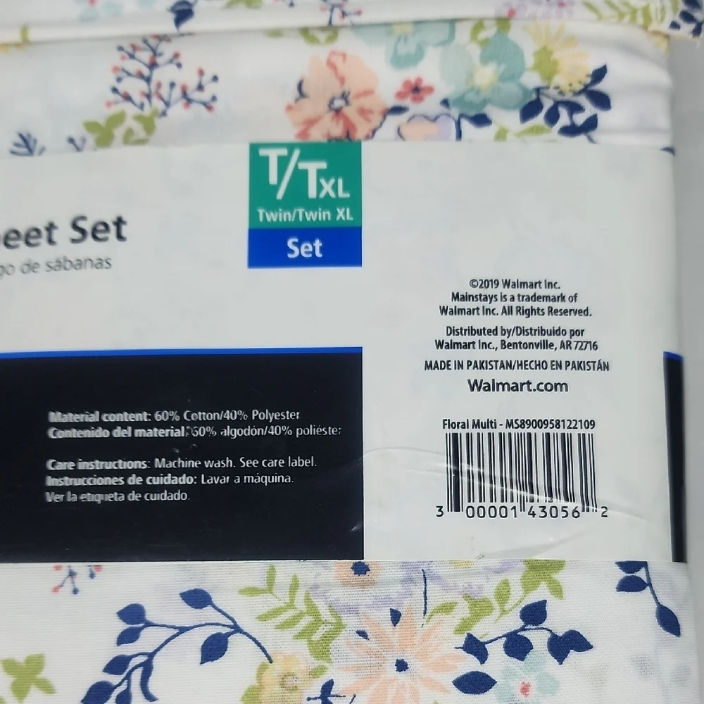 Mainstays Floral 300 Thread Count Sheet Set - White, Blue, and Pink T/Txl